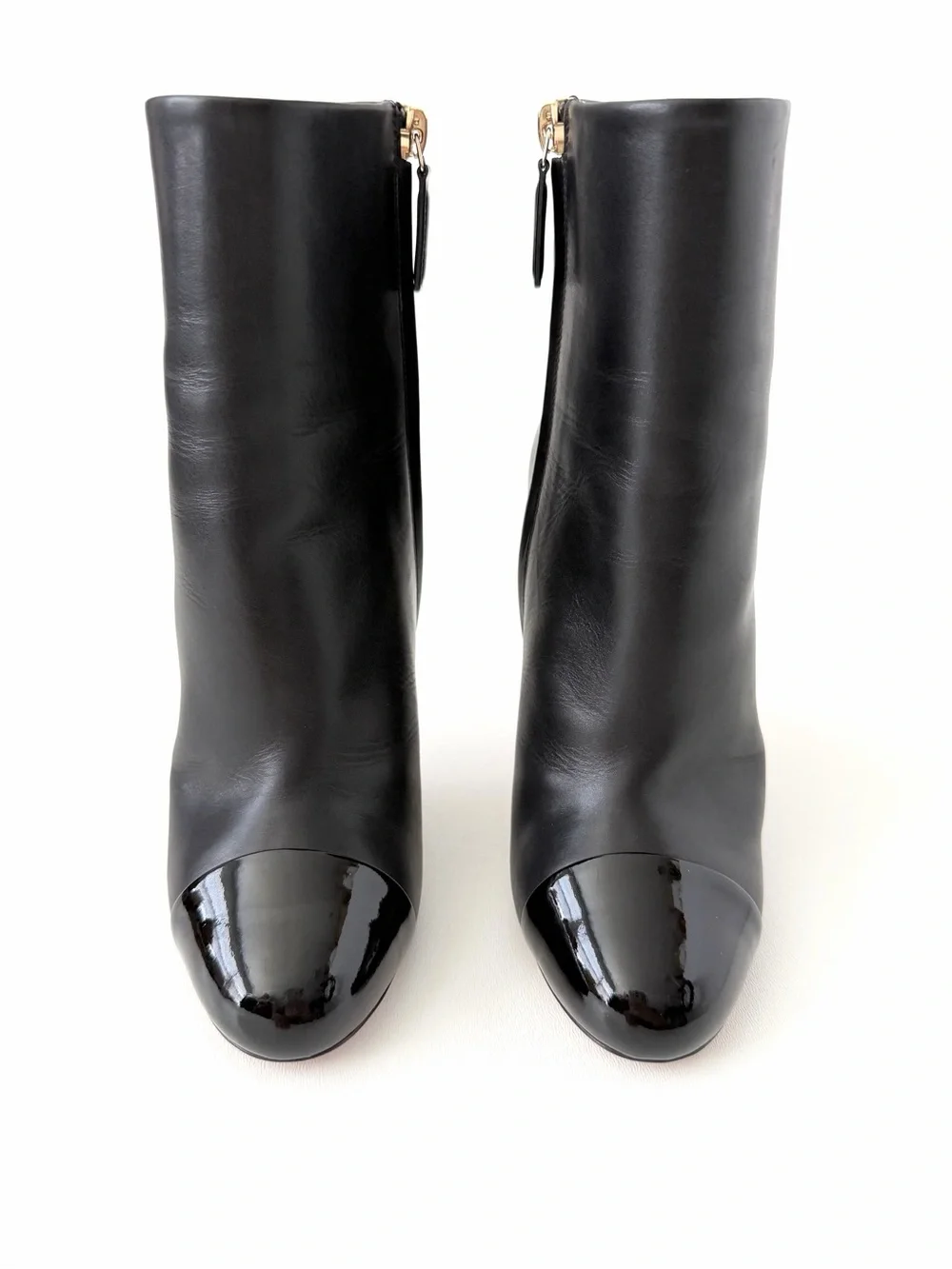 CHANEL | Black Leather CC Cap Toe Ankle Booties Boots Stiletto Heel EU 37